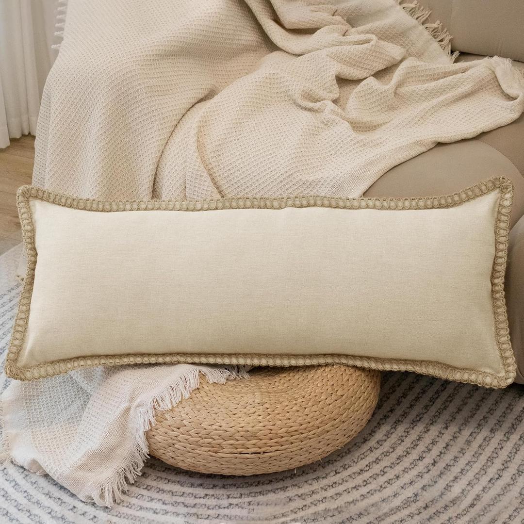 Burlap Linen Lumbar Pillow Cover 14 x 36 inch, Trimmed Tailored Edges Cushion Cover Farmhouse Modern Decorative Pillow Case Outdoor Decor, Oatmeal Beige, Pack of 1 (Cover Only)