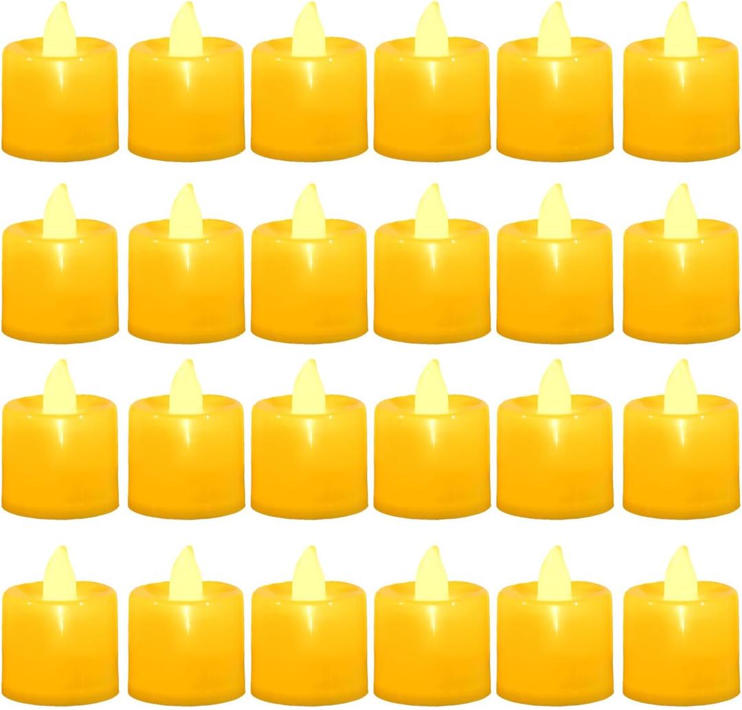 LANKER 24 Pack Flameless Led Tea Lights Candles, Flickering Warm Yellow Battery Operated Electronic Fake Candles, Decorations for Halloween and Festival Celebration (Yellow - 24Pack)