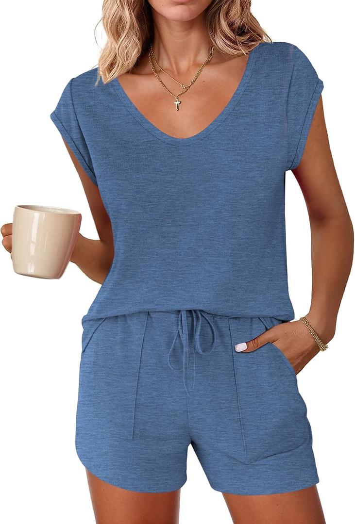 Ekouaer Womens Pajama Sets Comfy Short Sleeve Sleepwear Tops and Shorts Cute Pjs 2 Piece Lounge Set S-XXL (Large, Navy)