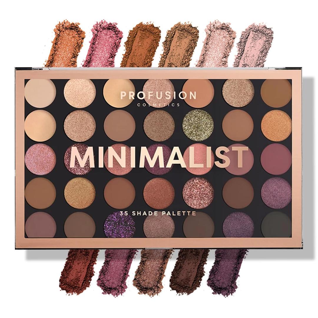 Profusion Cosmetics Minimalist 35 Shade Eyeshadow Palette - Blendable Natural Shades in Matte, Shimmer and Glitter Finishes for Mesmerizing Looks, Vegan & Cruelty-Free Makeup
