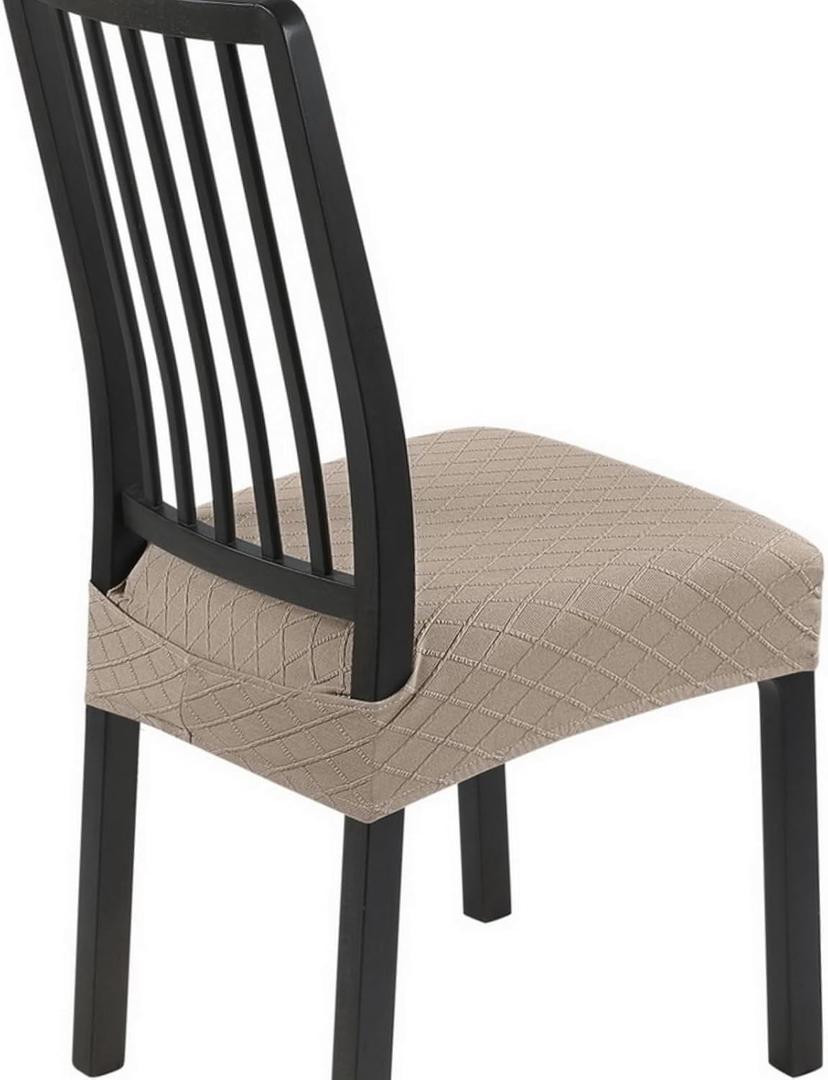SearchI Stretch Dining Chair Seat Covers Set of 4, Soft Removable Washable Seat Covers for Dining Chairs, Dining Room Seat Cover Protector (Rear-Covered, Check Jacquard Khaki)