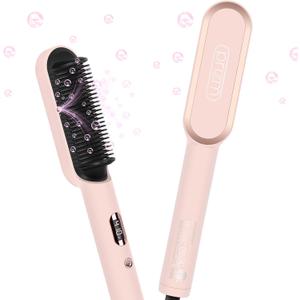 Prizm Hair Straightener Brush, 20s Fast Heating, Negative Ions Hair Straightening Brush with Less Frizz, 4 Temp Settings & LED Display, Anti-Scald Design, Gift for Women, Dual Voltage, Pink