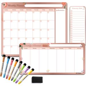 Magnetic Calendar for Fridge – Family Command Center with Monthly, Weekly & Grocery Boards – Dry Erase Whiteboard Set with 8 Markers & Eraser – Organize Meals, Chores & Schedules