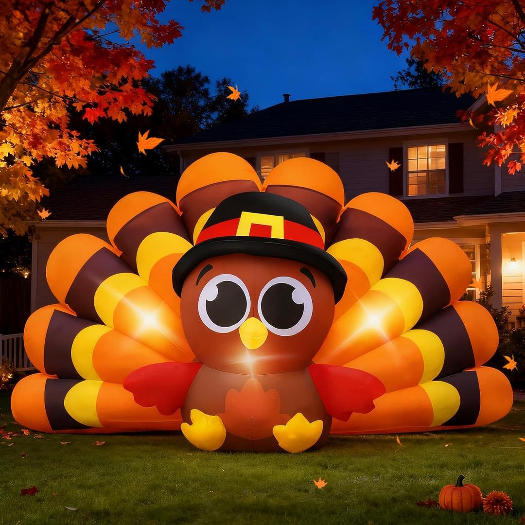 Evoio Thanksgiving Inflatables Turkey Outdoor Decorations, 8 FT Thanksgiving Blow Up Turkeys Inflatable with Big Tail Pilgrim Hat Built-in LED Lights, Inflatable Turkey for Yard, Lawn, Garden, Outside