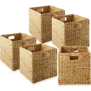 10.5x10.5in Storage Baskets Set of 5 Water Hyacinth Baskets,Foldable Handwoven Storage Cubes,Wicker Cube Baskets Laundry Organizer Totes for Bathroom, Bedroom, Laundry, Pantry, Shelves