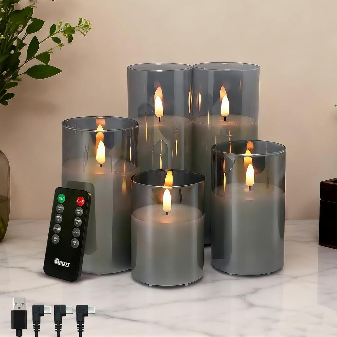 Rechargeable Flameless Candles, Realistic Flickering LED Flame,Real Wax Candle with Remote Control and Timer, Clear Glass Electronic Candles, 1 Set of 5Gray (Gray-Droplet 5Pcs)