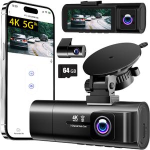 4K Dash Cam Front and Rear Inside,3.16" IPS,3 Channel Dash Cam for Car with 5G WiFi,Free 64GB Card,170 Wide Angle,Loop Recording,G-Sensor,WDR,Night Vision,Time-Lapse,24H Parking Monitor