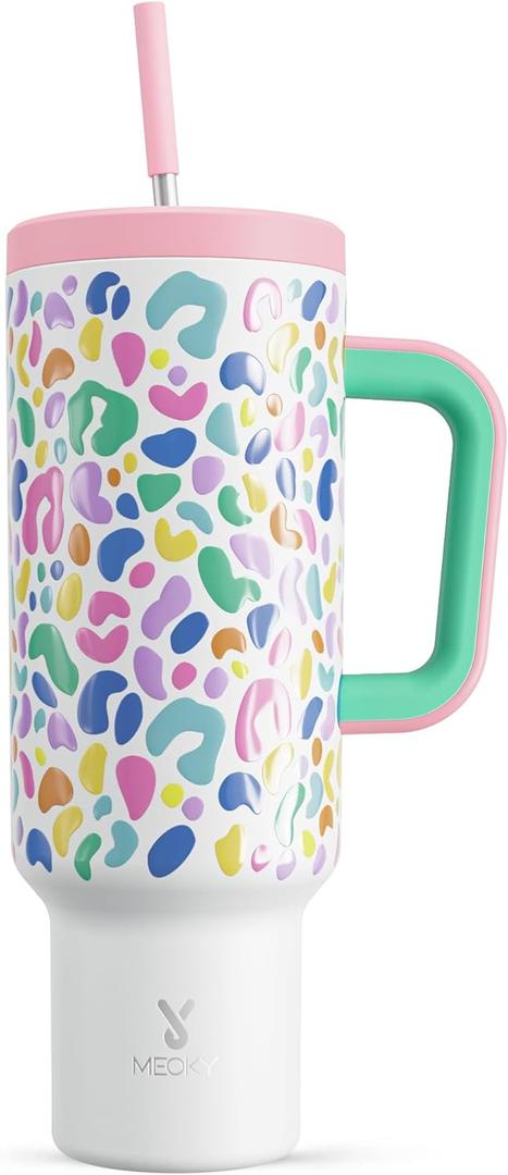 Meoky 40 oz Tumbler with Handle, Tumbler with Lid and Straw, Insulated Stainless Steel Travel Mug, 100% Leak-proof, Keeps Cold for 36 Hours or Hot for 12 Hours (Leopard)