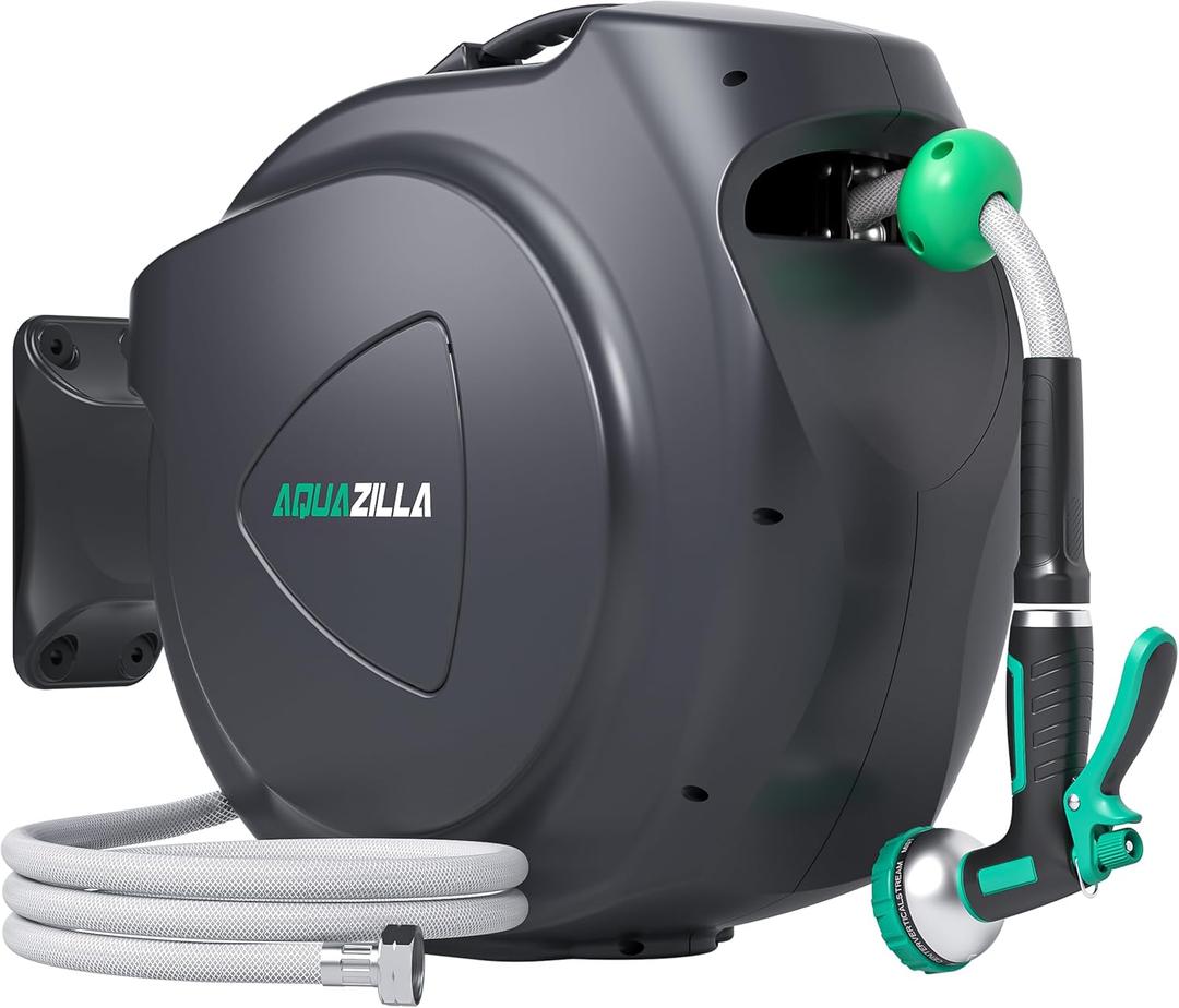 Retractable Garden Hose Reel, 65FT +6FT 5/8" Durable Wall Mounted Water Hose Reel with 180 Swivel Bracket, 9 Pattern Sprayer, 6Ft leader hose, Smooth Automatic Rewind, Any Length Lock.