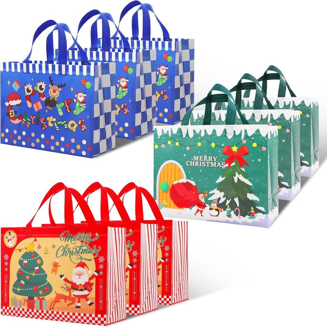 Yunaeduo Gift Bags - Christmas & Holiday Bags Set, 9 Pcs Gift Totes with Handles, 12.5" x 9.8" x 5.5 (A-Colorful-9 Pcs)