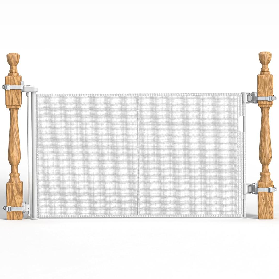 Upgraded Retractable Baby Gates for Stairs & Banister, Mesh Dog Gate Indoor, Extends to 55" Wide 33" Tall, Child Safety Gate for Stairway, Banister & Wall Mount (White)