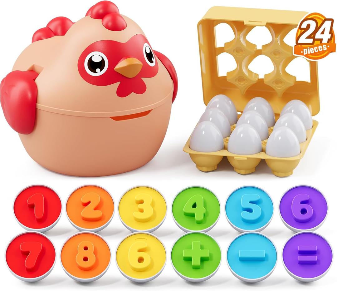 Matching Eggs for Toddlers 1-3, 24PCS Play Eggs in Carton, Chicken Montessori Geometric Sensory Toys, Color Shape Sorting Stacking Block Easter Gifts for Baby Boys Girls
