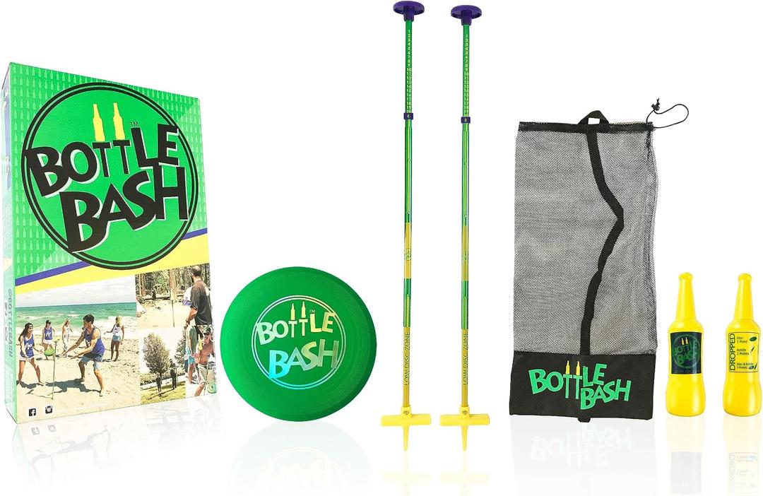 Bottle Bash Outdoor Flying Disc Game Set Frisbee Toss Backyard and Beach Game for Family, Adult & Kids - Beersbee & Polish Horseshoes