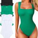 OQQ Women's 3 Piece Bodysuits Sexy Ribbed Strappy Square Neck Sleeveless Tummy Control Tank Tops Bodysuits (Black, green, white, XL)