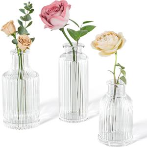 Glass Bud Vase Set of 3, Small Ribbed Flower Vases for Centerpieces, Clear Vintage Glass Bud Vases for Table Decorations, Home Decor, Wedding, Party, Anniversary