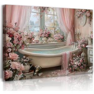 Frimeeme Vintage Pink Bathroom Canvas Wall Art, Pink Roses Bathtub Print, Luxury Floral Bathroom Decor, 12x16 Inches