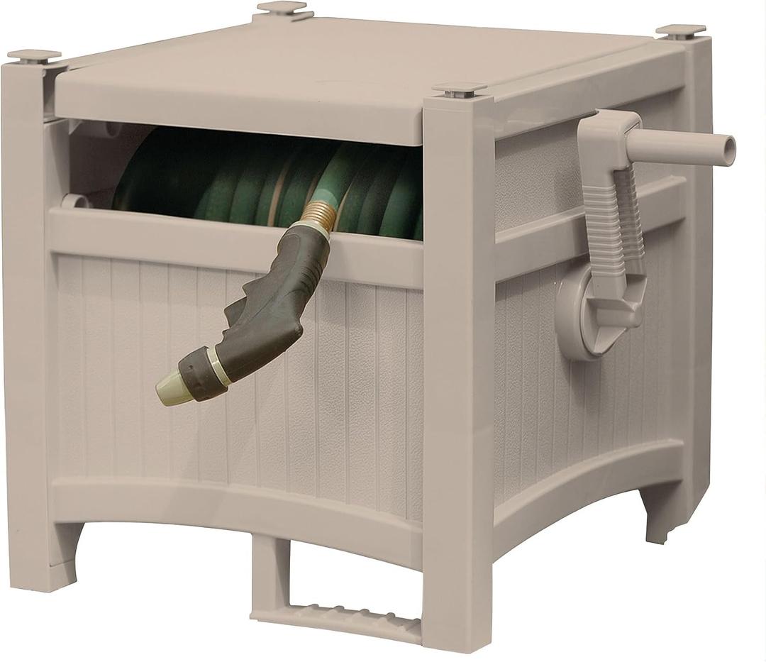 Suncast 100 ft. Hose Hideaway, Garden Hose Reel Box, Light Taupe