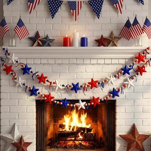 Gilprop 4.92 ft 4th of July Garland Decorations Patriotic Wooden Beads Banner with Velvet Stars White Red Blue Beaded Decor for 250th Anniversary 4th of July Memorial Day Decorations for Wall Mantle