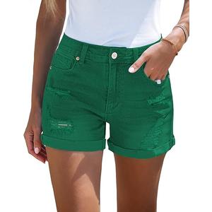 LookbookStore Women's High Waisted Rolled Hem Distressed Jeans Ripped Denim Shorts M Verdant Green