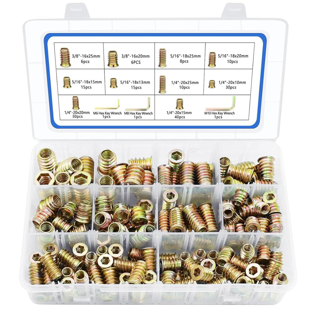 170 PCS Threaded Inserts Nuts, 10 Sizes-1/4-20, 5/16"-18, 3/8"-16 Wood Inserts Assortment Kit, Steel Threaded Inserts for Wood Furniture Screw Threaded Inserts Kit with 3 PCS Hex Wrench