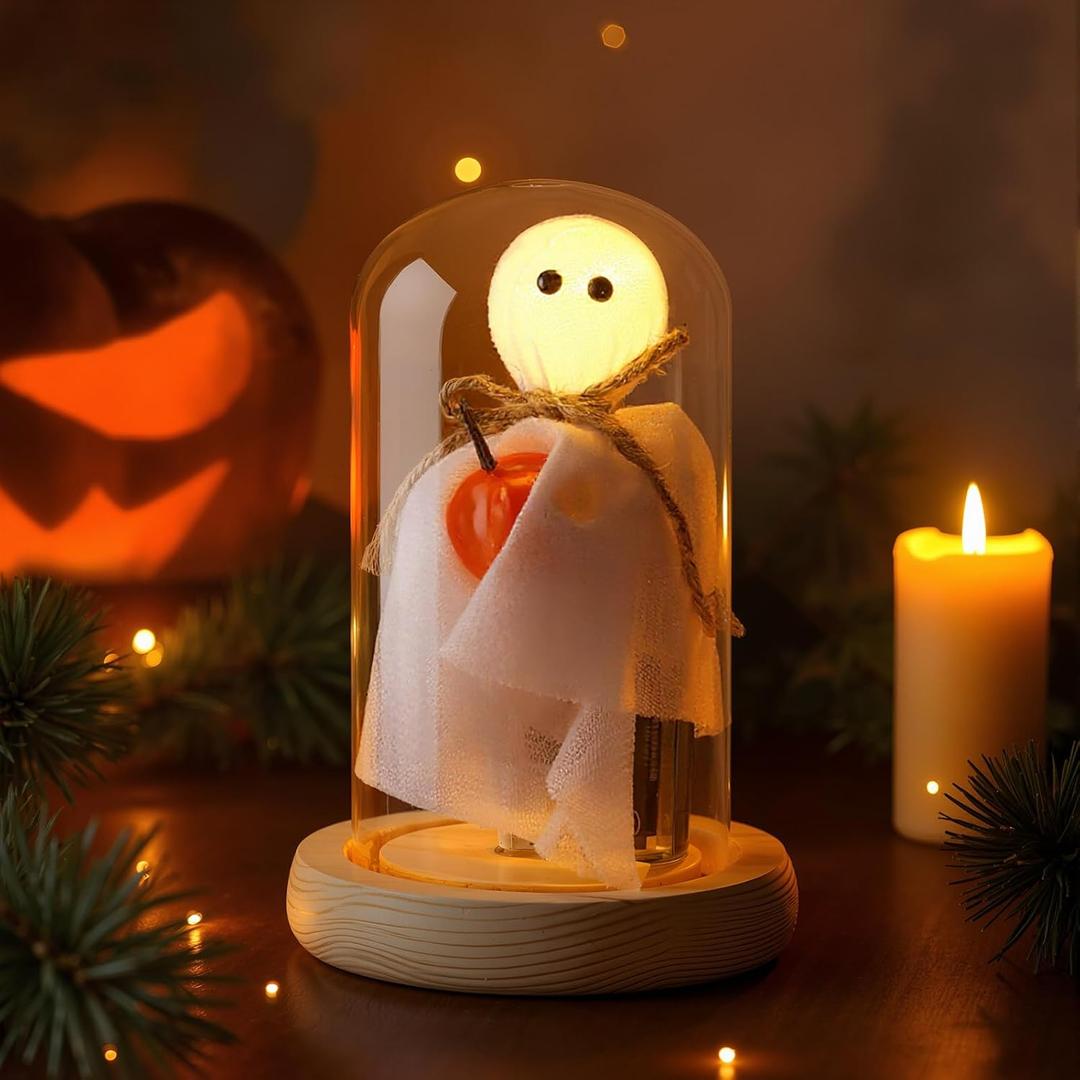 Tuanse Halloween Decorations Indoor, Light up Ghost in Dome Cloche for Table, Halloween Ghost Decor Light with Pumpkin and Wood Base for Mantel Tabletop Shelf, Cute Room Holiday Decoration