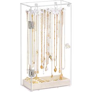Necklace Holder, Acrylic Necklace Organizer, Rotatable Clear Jewelry Holder Organizer Display Case for Long Necklaces Pendant Bracelets, Jewelry Holder Box with Velvet Tray for Rings Earrings