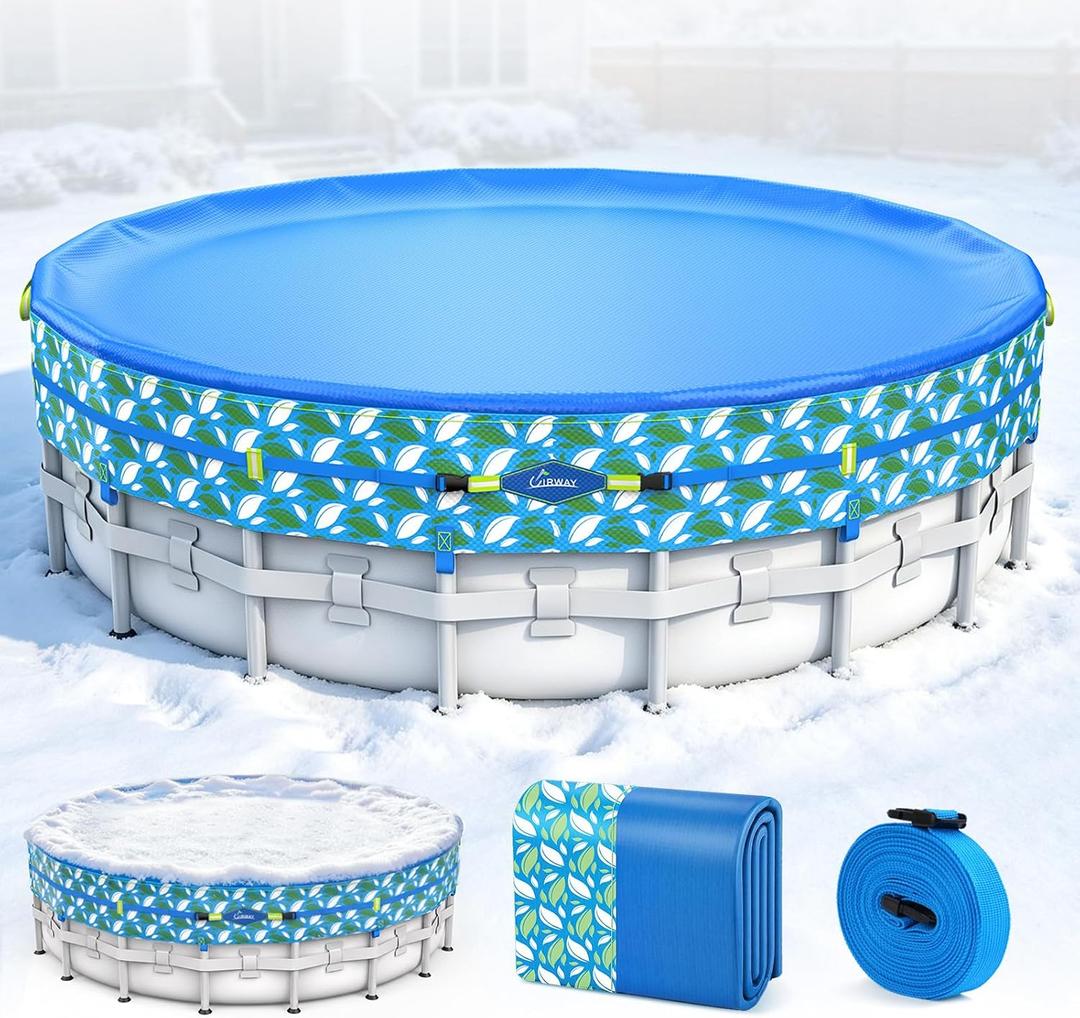 UIRWAY 24 ft Round Winter Pool Cover Heavy Duty PE - 24 Foot Round Above Ground Winter Pool Cover with Reinforced Seams, Blue Printed Design, Reflective Strips & Dual Secure Straps for Cold Protection
