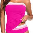 Daci Bandeau Tankini Swimsuits for Women - Two Piece Ruched Tummy Control Bathing Suit Strapless Swimwear with Bottom (X-Large, Pink Color Block)