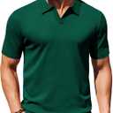 COOFANDY Mens Knit Polo Shirts V Neck Short Sleeve Stretch Polo T Shirt Casual Golf Shirts (SIZE 2X-Large, Green)