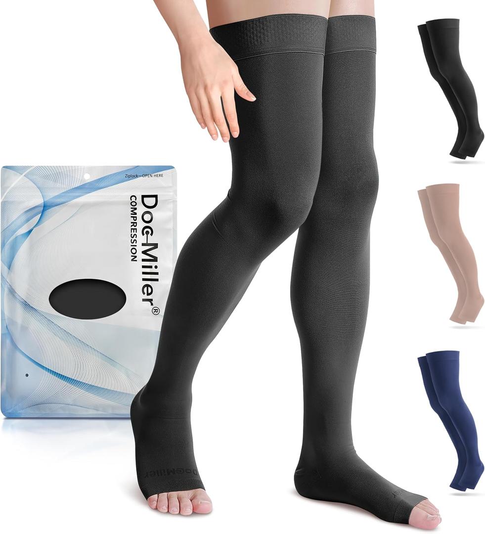 Doc Miller Thigh High Open Toe Compression Stockings 15-20mmHg for Varicose Veins, Pregnancy Support Open Toe Thigh High Compression Socks for Women and Men (Large, Black)