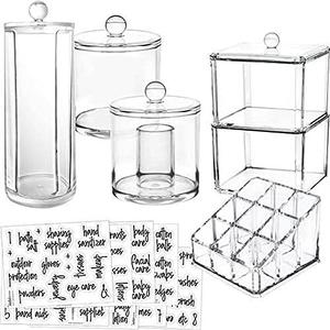 Talented Kitchen 6-Pack Makeup Organizer Acrylic Plastic Containers. Bathroom Beauty Storage Set: 5 Canisters & 107 Printed Labels Organization Pack Of 3