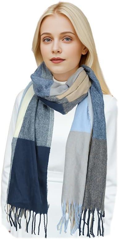 Sumato Scarf for Women Fall Winter Lightweight Shawl Wraps Long Blanket Scarves Warm Soft Cashmere Feel Plaid Pattern Tassel (Sf3603-dg-navy)