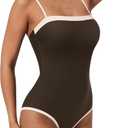 SUUKSESS Women One Piece Tummy Control Swimsuit Sexy Color Block Bathing Suit (Large, Brown)
