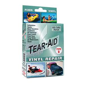 TEAR-AID Vinyl Repair Kit, Type B Clear Patch for Vinyl and Vinyl-Coated Materials, Works on Vinyl Tents, Awnings, Air Matresses, Pool Liners & More, Green Box, Single Pack TEAR-AID Vinyl Repair Kit, Type B Clear Patch for Vinyl and Vinyl-Coated Materials, Works on Vinyl Tents, Awnings, Air Matresses, Pool Liners & More, Green Box, Single Pack