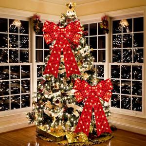 Liliful 2 Pcs 18 x 32 in LED Christmas Wreath Bows Extra Large Bows 72 LED Lights Wreath Huge Bow Door Wall Xmas Tree Top Decor for Indoor Outdoor Winter Xmas Party(Red Black Buffalo Plaid)