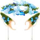 FRESHME Renaissance Mushroom Ears with Crown - Woodland Flower Crown Fairy Butterfly Headpiece Mushroom Ears Set Elf Floral Headband for Women Christmas Renfaire Halloween Mushroom Custome Cosplay