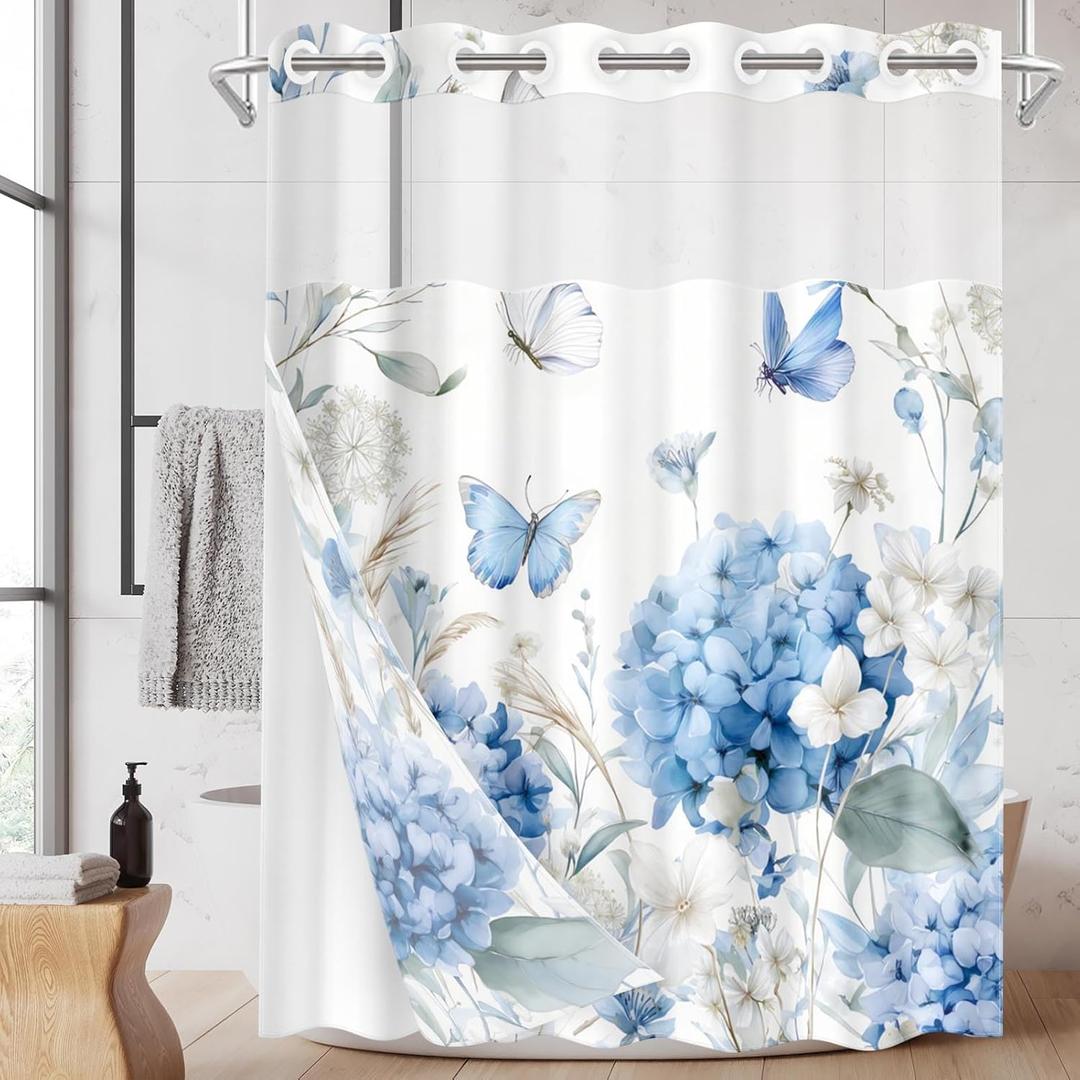 No Hook Blue Flower Hydrangea Shower Curtain with Snap in Fabric Liner Set, White Floral Butterfly Double Layers Waterproof Fabric with See Through Window Bath Curtain 71x74 Inch