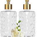 Clear Glass Soap Dispenser with Gold Plastic Pump, 2 Pack 12oz Diamond Hand Soap Dispenser, Refillable Lotion Dispenser & Dish Bathroom Dispenser for Liquid, Shower Gel