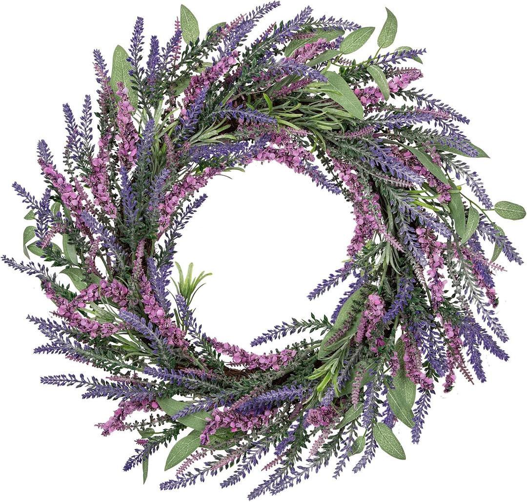 Briful Lavender Artificial Wreaths for Front Door, 20'' Spring Summer Faux Wreath for Indoor Outdoor Mantle Window