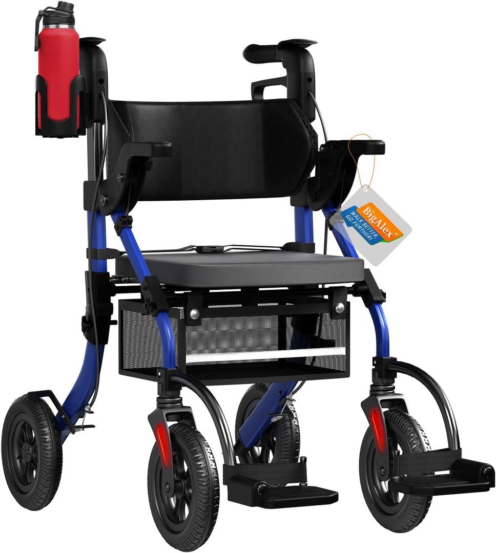 BigAlex Rollator Walker with Seat,2 in 1 Rollator Walker Transport-Wheelchair,10" All-Terrain Wheel for Outdoor & Indoor Use,Wider Seat for Users,Wheelchair Combo-Lightweight,Blue