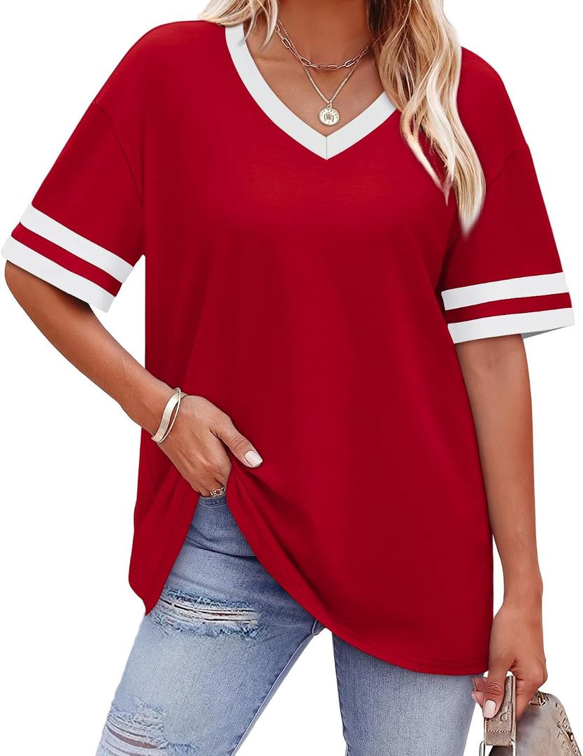 WIHOLL Womens T Shirts Loose Fit Short Sleeve Tees V Neck Color Block Summer Tops 2026 Fashion 4XL