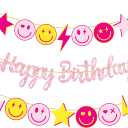Preppy Birthday Party Banners 3Pcs Preppy Smile Face Birthday Party Decorations Pink Smile Face Lightning Star Themed Party Banners for Preppy Theme Bachelorette Party Supplies