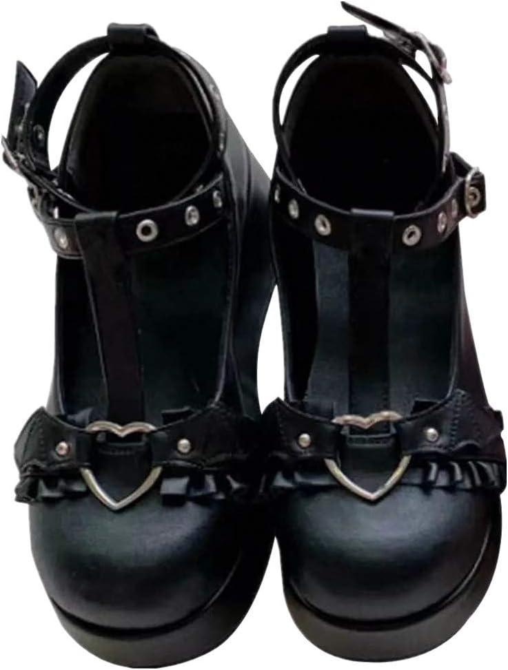 Women's Platform Mary Janes Heart Cat Buckle Rivets Ankle Lolita Gothic Princess Platform Pumps Patent Leather Thorn Vintage Traditional Embroidery Upper Dress Shoes 8.5