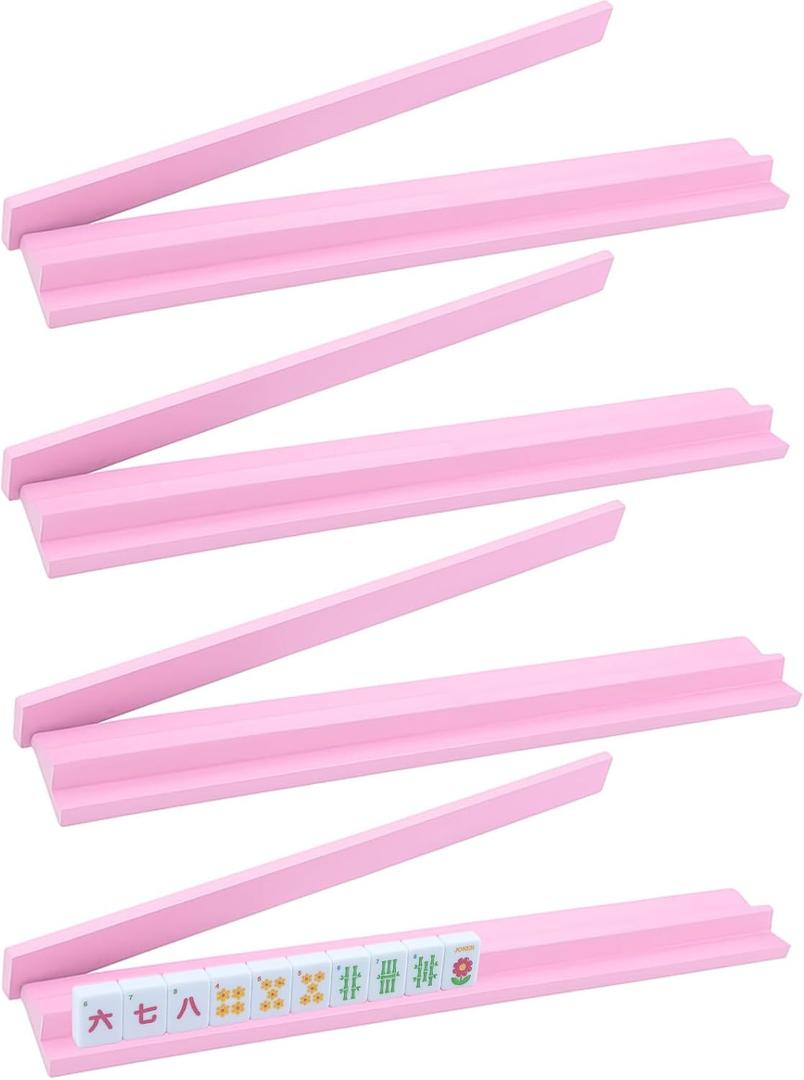 Leinuosen Wooden Mahjong Racks with Pushers 4 Set Magnet American Mahjong Tile Rack and Magnetically Attached Pushers Painted Tile Holders for Players Gift Family Night (Pink)