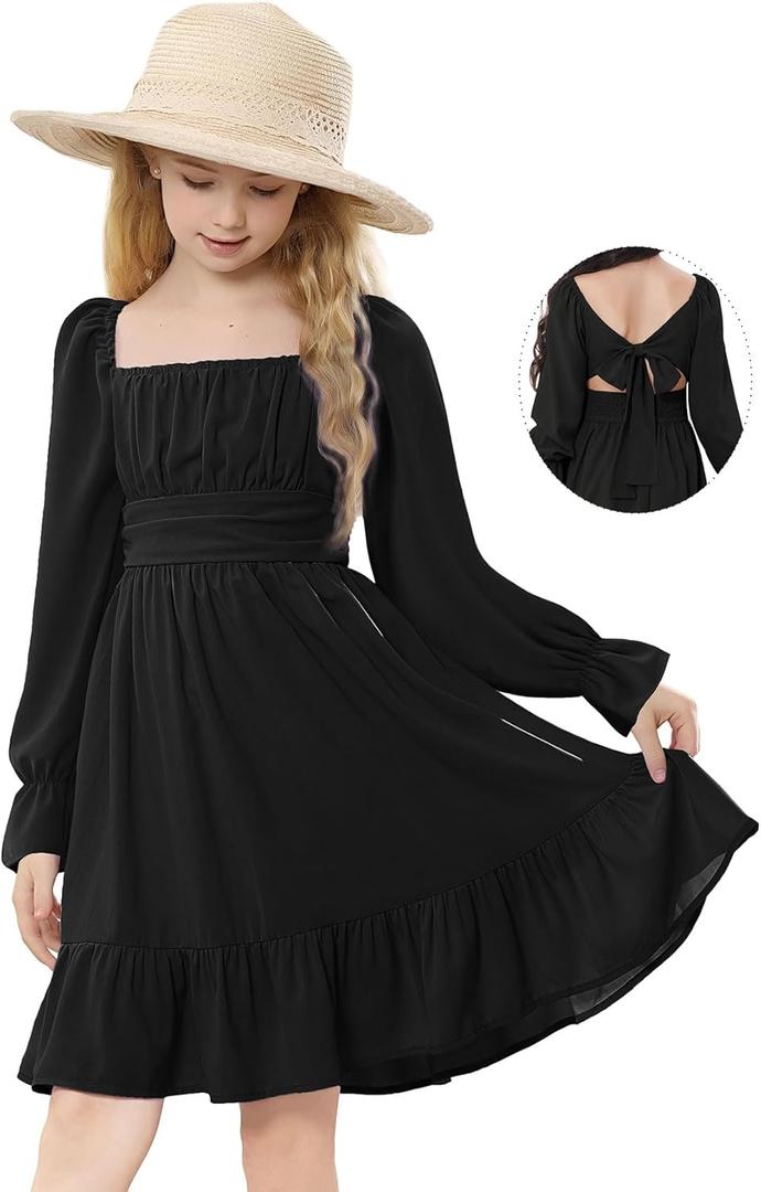 Durio Girls Dresses for Teens Girls Tie Back Off Shoulder Dress Cute Long Sleeve Dress Easter Kids School Party Dance Dresses (10-11 Years, 03 Black)