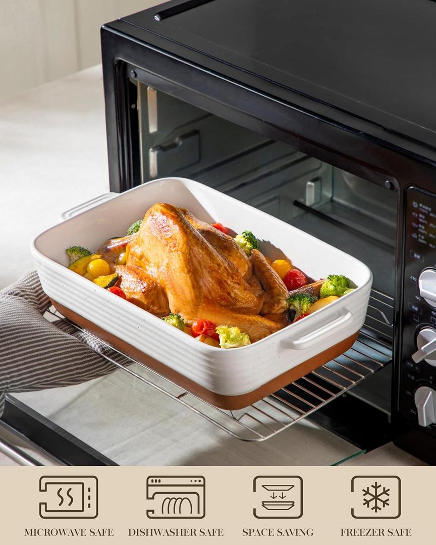 MALACASA Casserole Dishes for Oven, Ceramic Baking Dishes Set of 2, Baking Pan Casserole Dish Set, Rectangular Lasagna Pan Deep with Handles for Baking, Khaki White (13''/10.5''), Series TARA