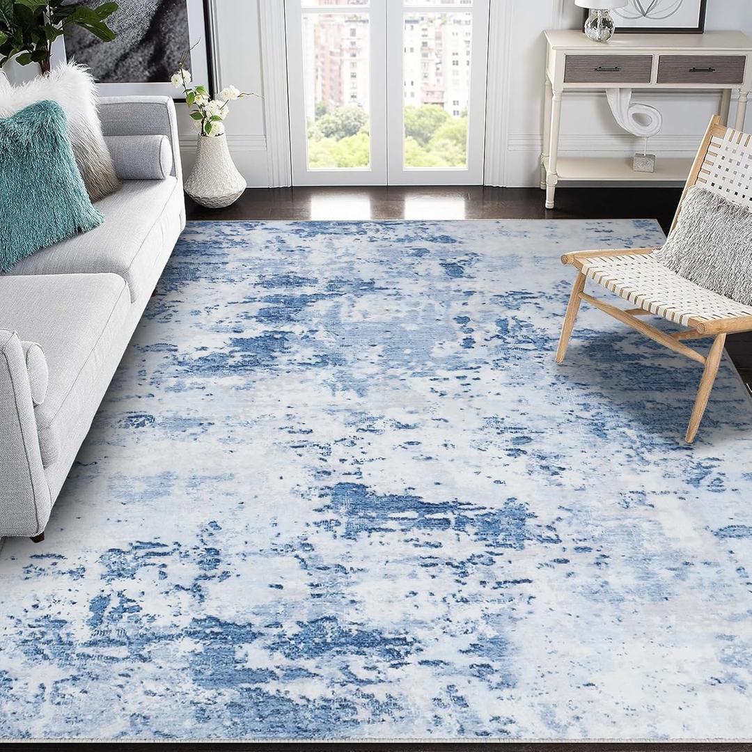 GarveeHome Area Rug 10x13 for Living Room Modern Abstract Accent Faux Wool Low Pile Ultra Soft Rug Stain Resistant Non Slip Non Shedding Throw Rug for Bedroom Home Decor, Blue
