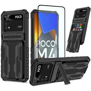 Phone Case for Xiaomi Poco M4 Pro 4G Case, MZB0B5VIN Case with Screen Protector, Wallet Detachable Credit Card Holder Built-in Stand Protective Phone Cover for Xiaomi Poco M4 Pro 4G Black