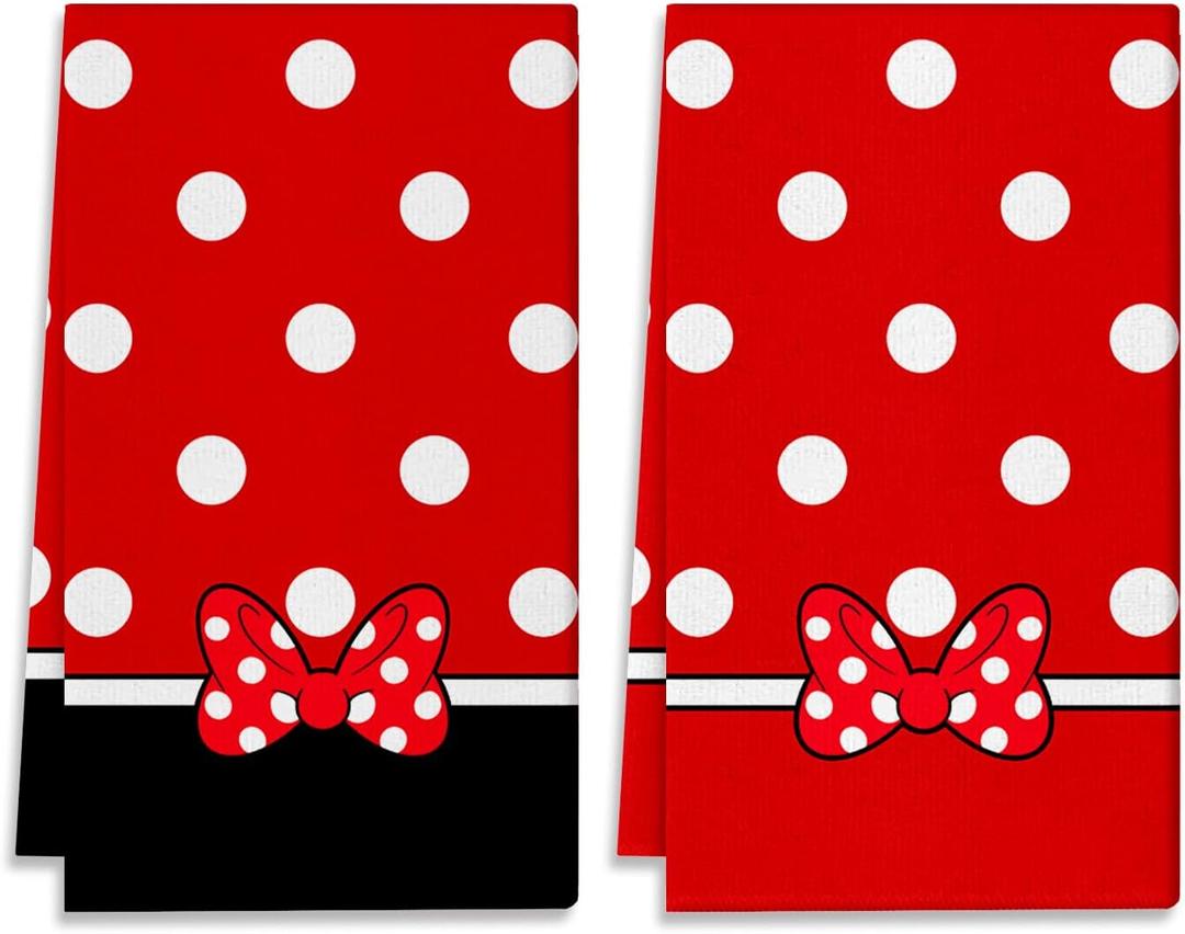 Cartoon Mouse Kitchen Dish Towel Set of 2 - Bowknot Towels 18x26 Inch Absorbent Reusable Cotton Cloths for Cleaning Cute Design Home Decorative