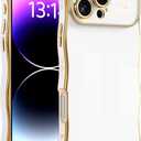 for iPhone 14 Case for Women & Girls - Cute Wave Design with Curly Shape, Heart Pattern, Raised Camera Protection, Luxury Plating, ShockproofiPhone 14, White